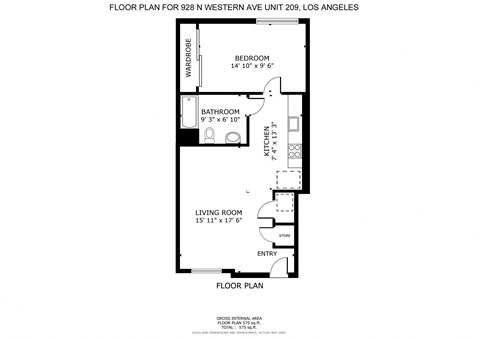 Floor plan for 1 bed, 1 bath, 629 sqft